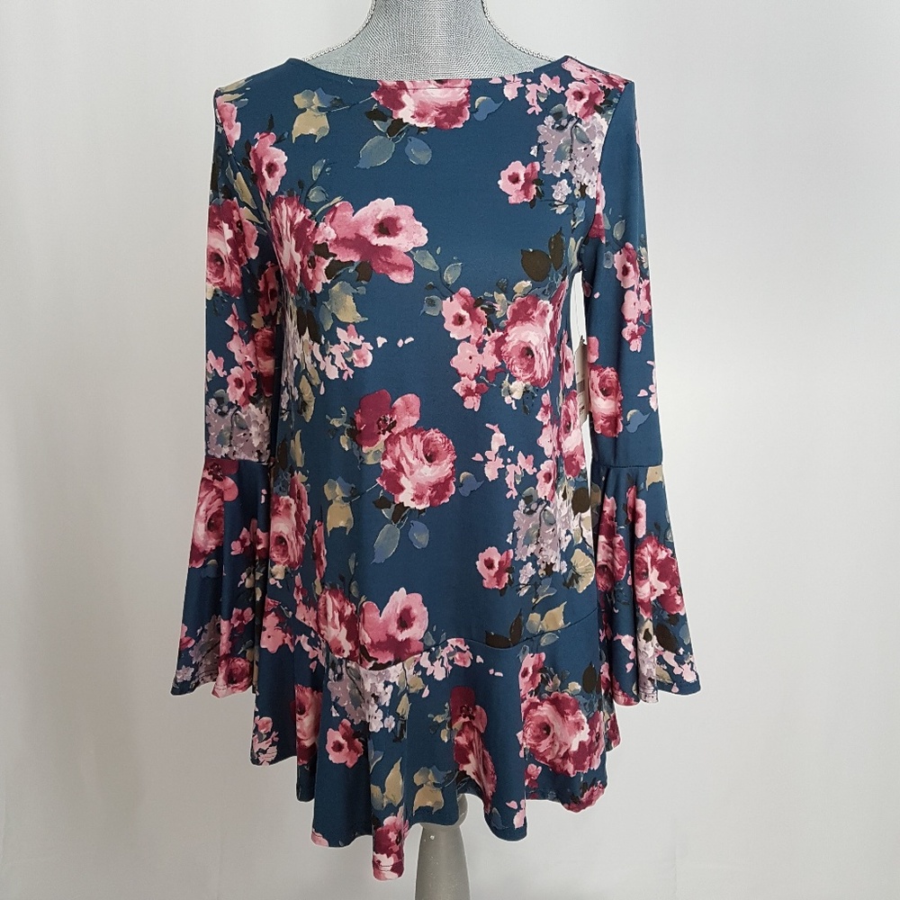 Altar'd State Blue Teal Top Dress Bell Sleeve S
